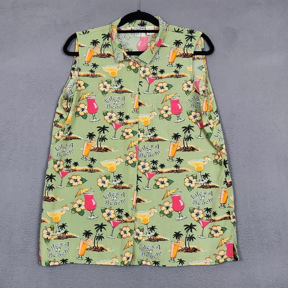 Big Dog Shirt Womens XL Green Hawaiian Life's A Beach Sleeveless Rayon Button Up